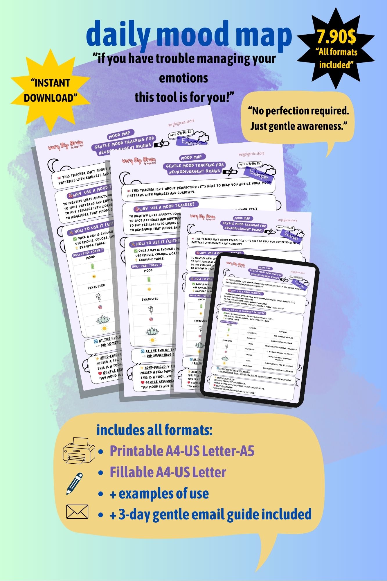 Mood tracking aid with purple background in A4, US Letter, A5, and tablet screen versions